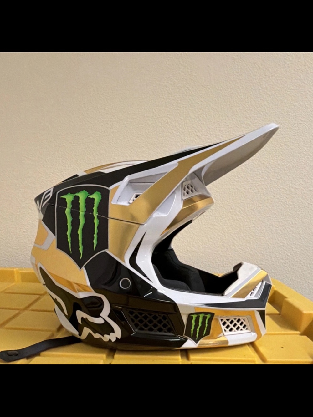 Fox Kids Motocross Helmet in Gold, Black, White with Green Accents